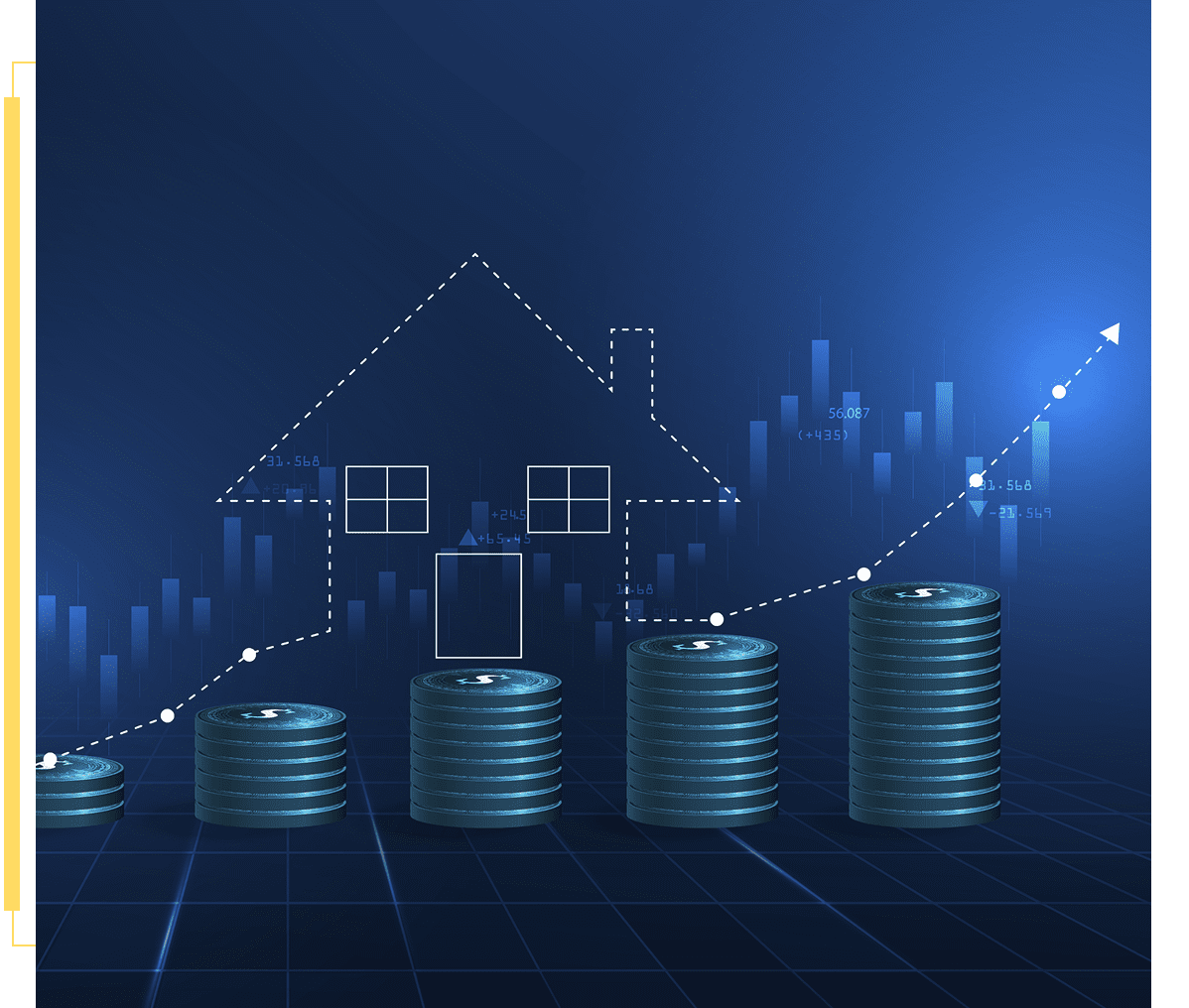 Rising graph with coins and house outline.