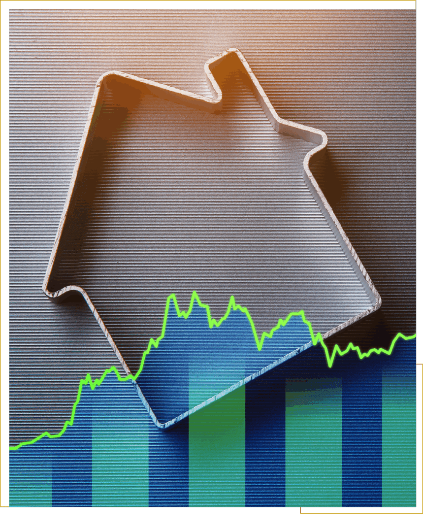 House outline with fluctuating bar graph.