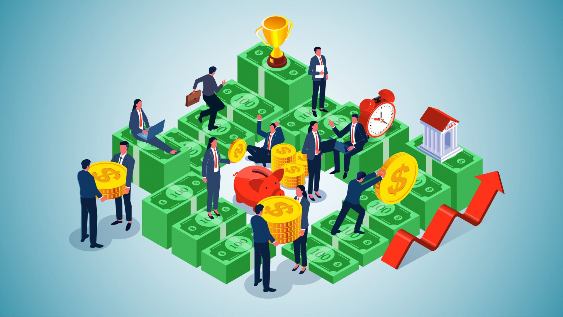 Financial professionals or financial experts, investment analysis, financial management, business optimization. Isometric view of business team members conducting commercial activities on the ladder of money.